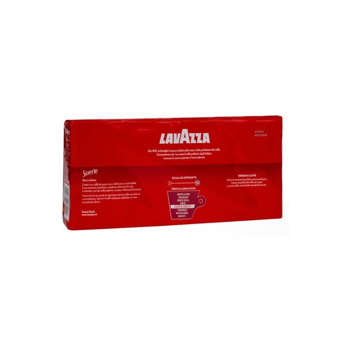 Cafea Lavazza Suerte, vedere spate, profil aromatic și informații de pe ambalaj
