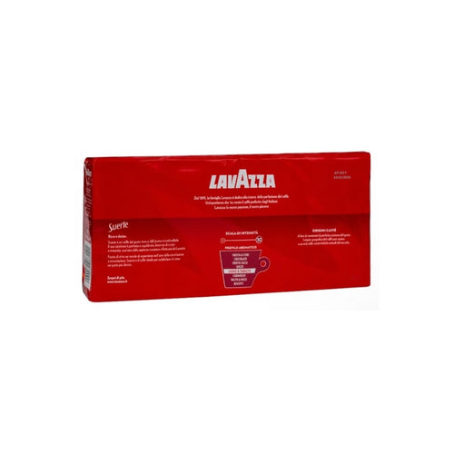 Cafea Lavazza Suerte, vedere spate, profil aromatic și informații de pe ambalaj