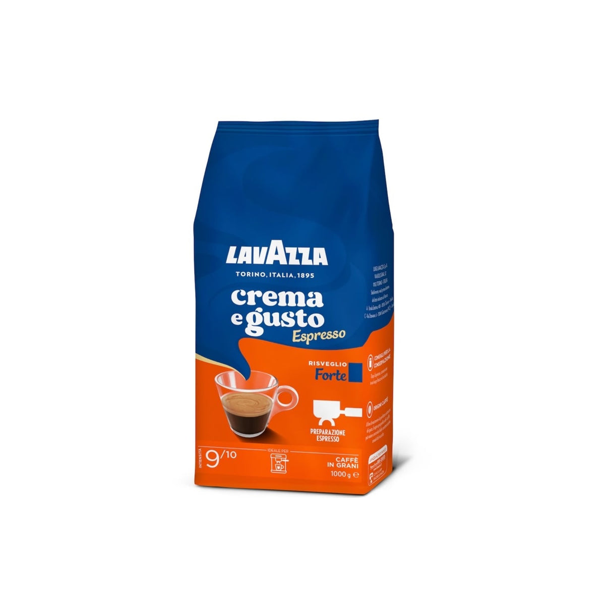 Cafea boabe Lavazza Crema e Gusto Espresso 1 kg – pachet albastru și portocaliu
